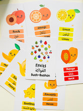 Load image into Gallery viewer, Trilingual Fruits Flashcards Arabic Malay English
