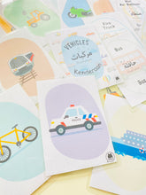 Load image into Gallery viewer, Trilingual Vehicles Flashcards Arabic English Malay
