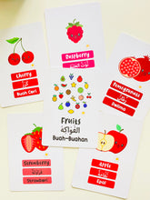 Load image into Gallery viewer, Trilingual Fruits Flashcards Arabic Malay English
