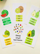 Load image into Gallery viewer, Trilingual Fruits Flashcards Arabic Malay English
