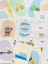 Load image into Gallery viewer, Trilingual Vehicles Flashcards Arabic English Malay
