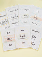 Load image into Gallery viewer, Trilingual Vehicles Flashcards Arabic English Malay
